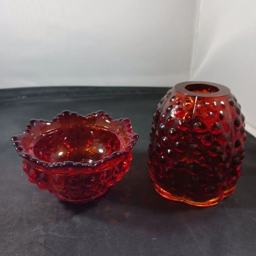 Fenton Art Glass MCM Hobnail Amberina Fairy Lamp